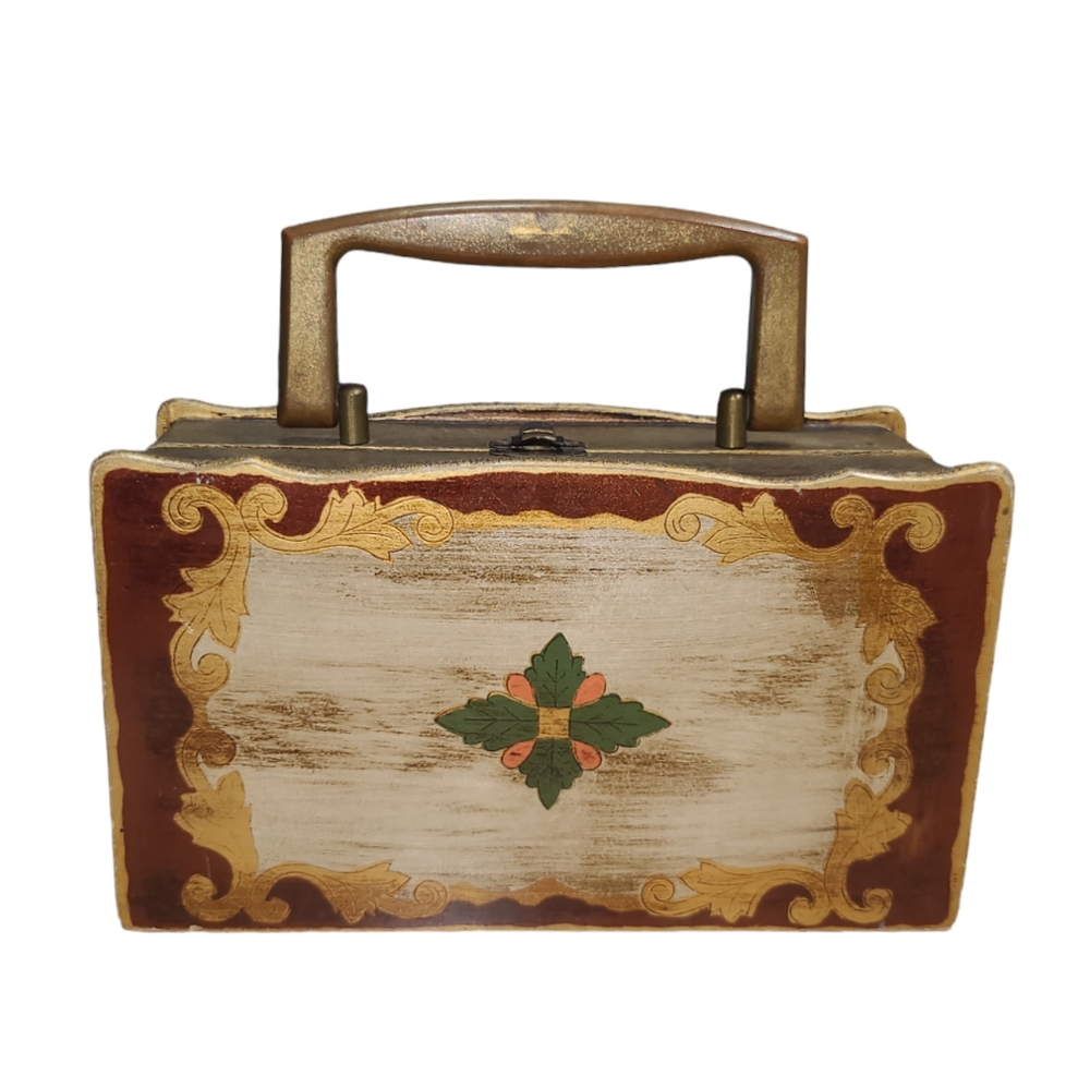 VINTAGE ROYAL LONDON LTD WOODEN BOX PURSE STORAGE 1960s RED VELVET LINING HANDLE